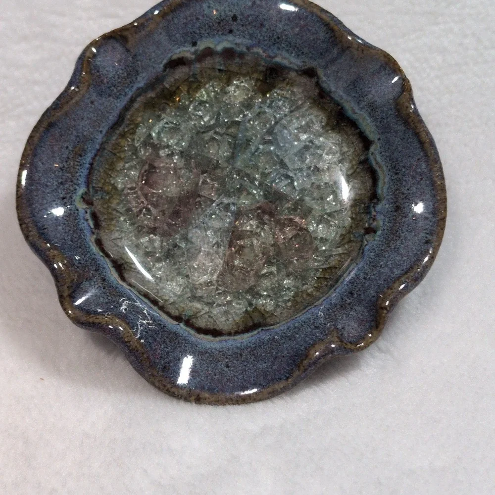 Studio Pottery Wavy‎ Edge Glazed Melted Crackled Glass Trinket Ring Dish Geode